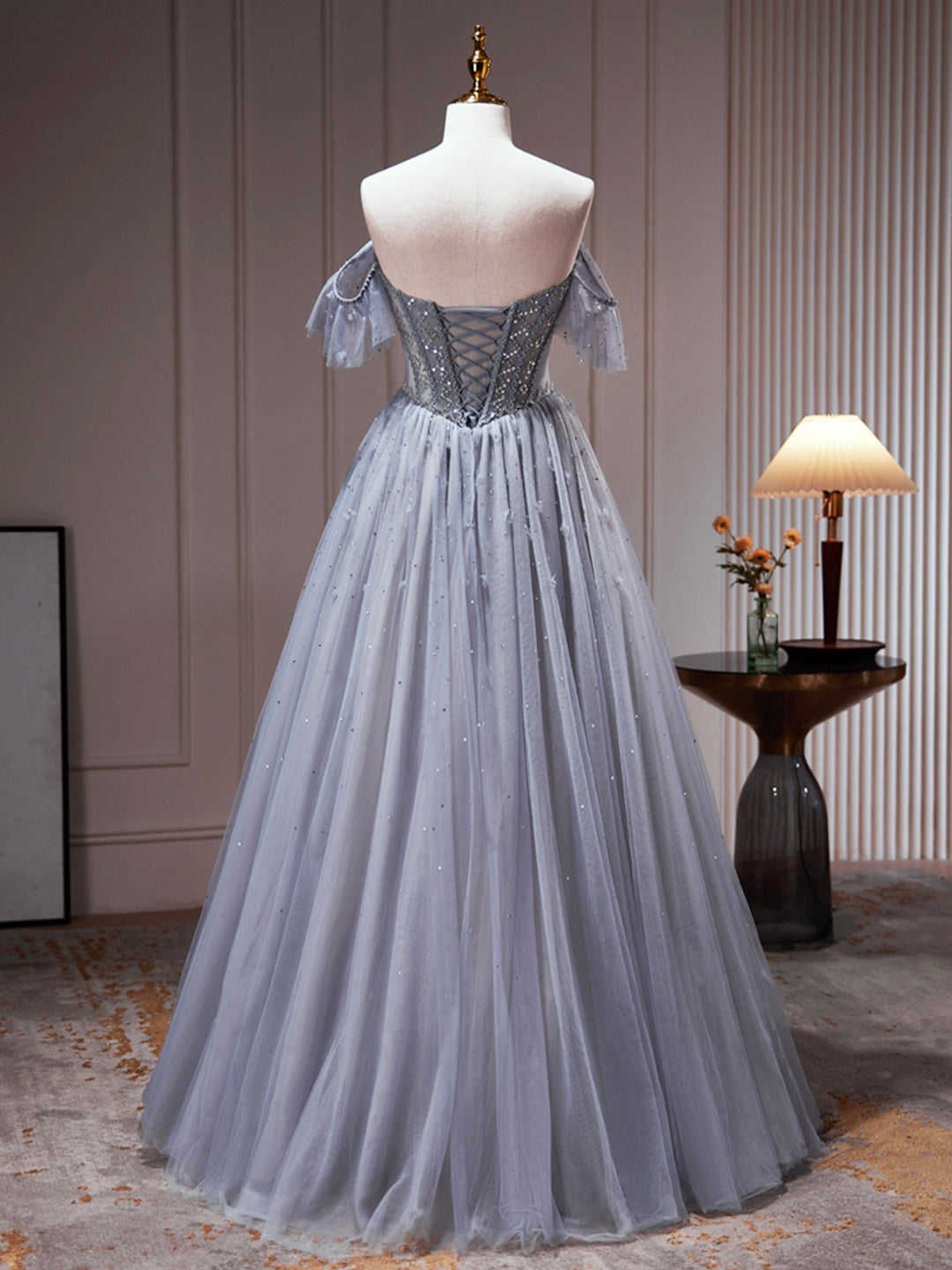  Yamileth | Gray Tulle Off Shoulder Beaded Party Dress, A-Line Tulle Formal Dress Prom Dress - Prom Dress - DYAVOR® 