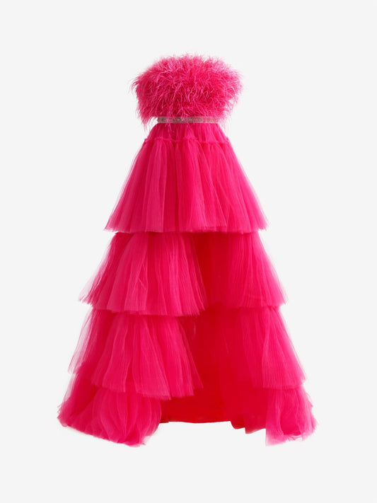  Marie| Fuchsia A-line High-Low Strapless Ruffled Tulle Prom Dress with Feathers - Prom Dress - DYAVOR® 