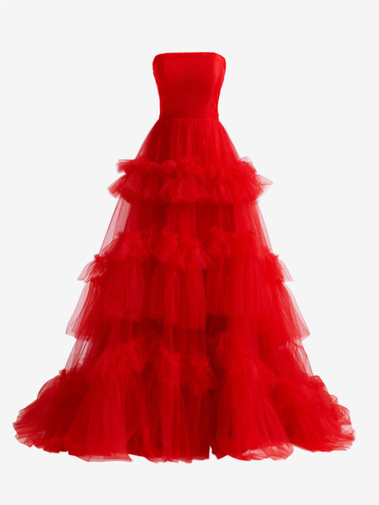 Matilda |Red A-Line Strapless Ruffled Tulle Evening Dress