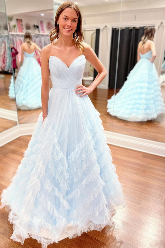  Light Blue Strapless Ruffle Long Prom Dress - Prom Dress - DYAVOR® 