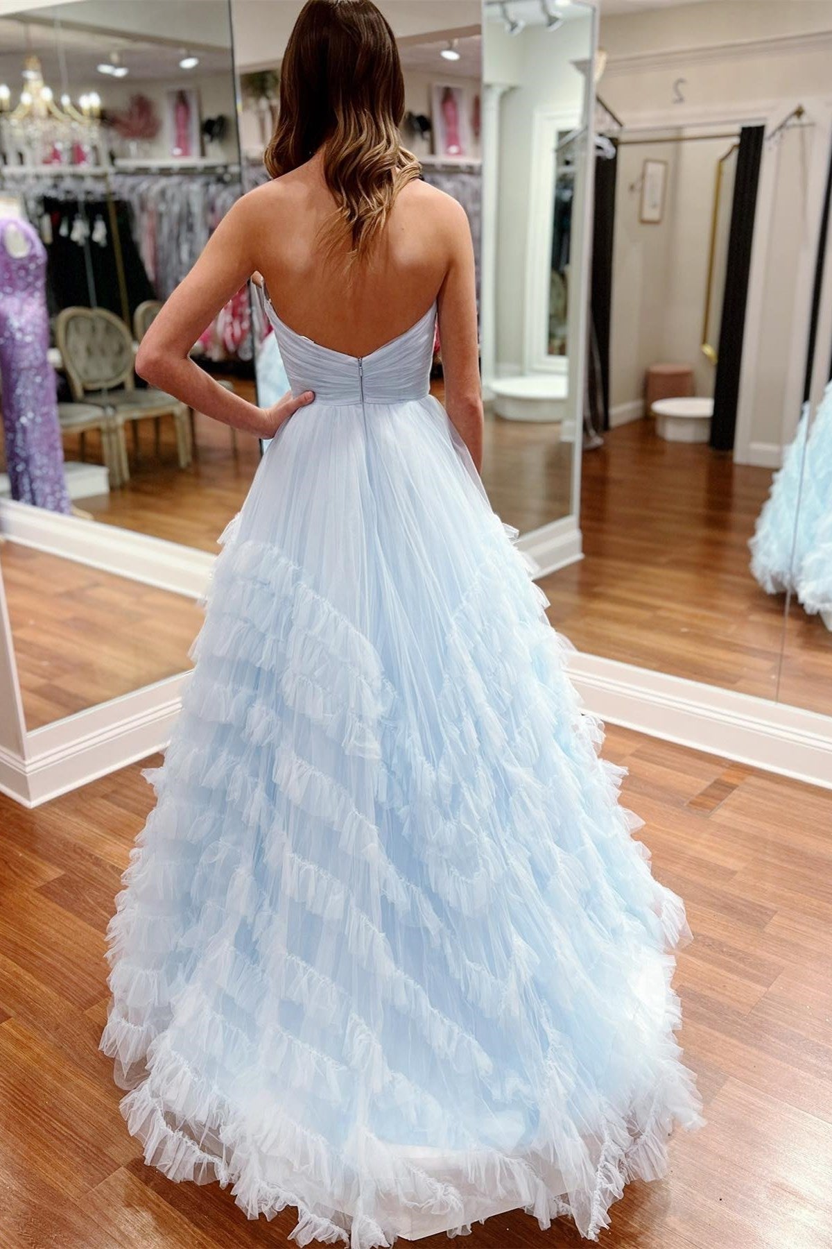  Light Blue Strapless Ruffle Long Prom Dress - Prom Dress - DYAVOR® 