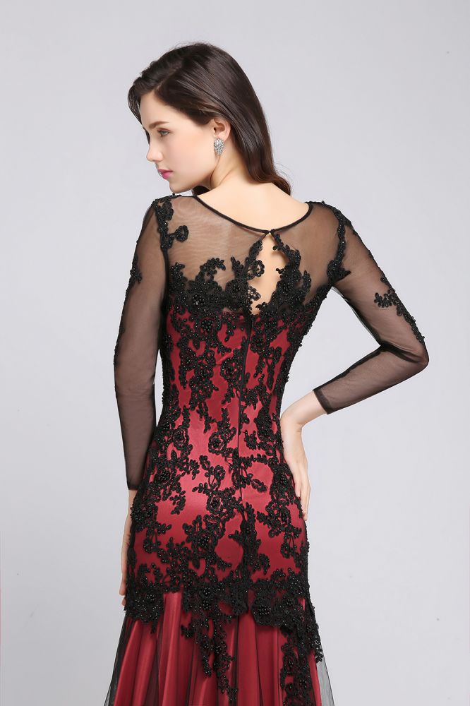  Mermaid Jewel Neck Long Tulle Red Sexy Evening Dresses with Beading - Prom Dresses - DYAVOR® 