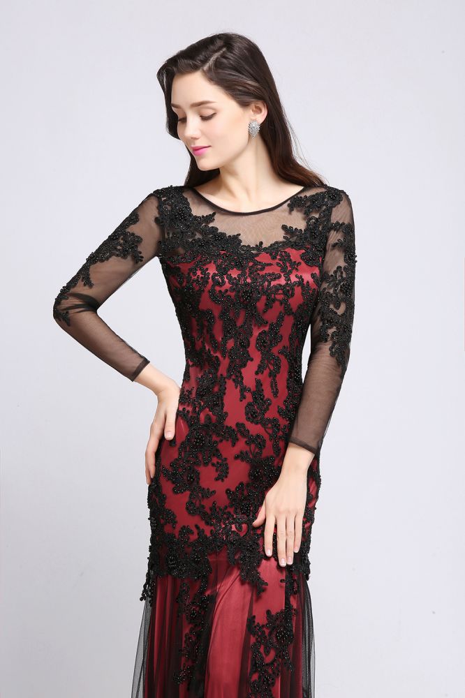  Mermaid Jewel Neck Long Tulle Red Sexy Evening Dresses with Beading - Prom Dresses - DYAVOR® 