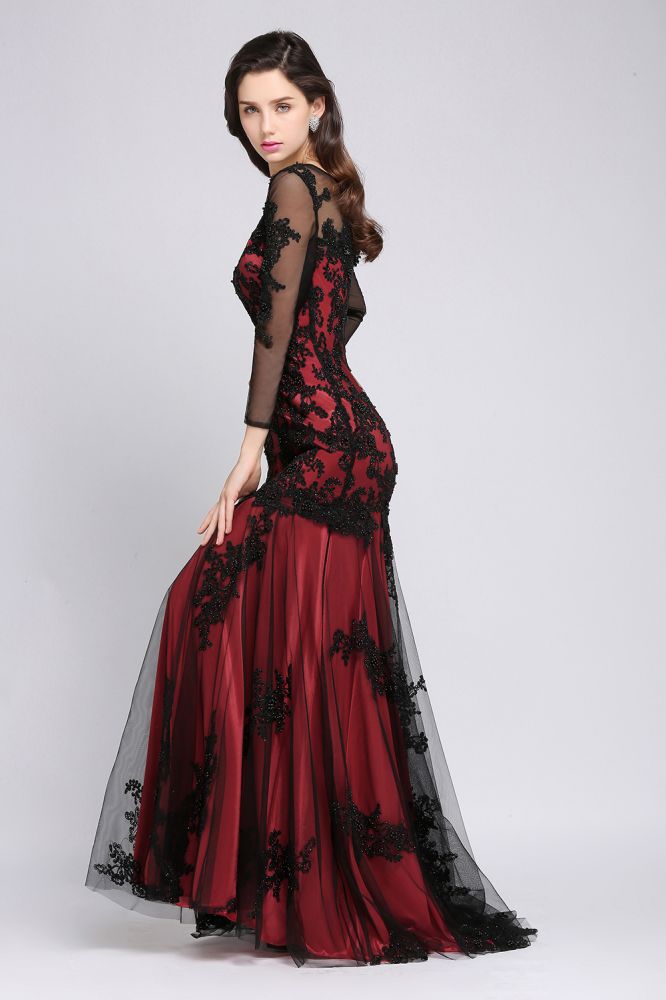  Mermaid Jewel Neck Long Tulle Red Sexy Evening Dresses with Beading - Prom Dresses - DYAVOR® 