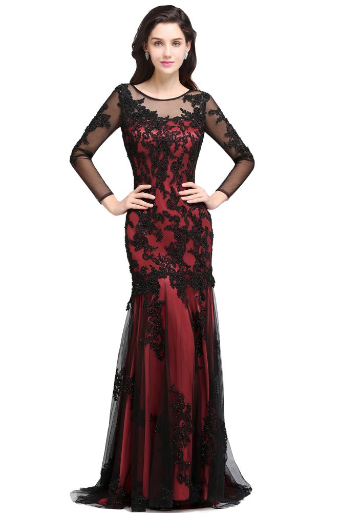  Mermaid Jewel Neck Long Tulle Red Sexy Evening Dresses with Beading - Prom Dresses - DYAVOR® 