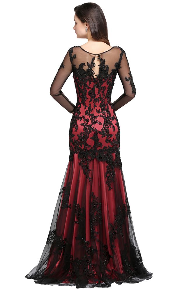  Mermaid Jewel Neck Long Tulle Red Sexy Evening Dresses with Beading - Prom Dresses - DYAVOR® 