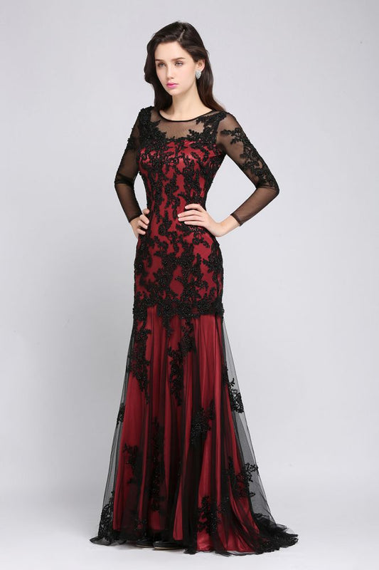  Mermaid Jewel Neck Long Tulle Red Sexy Evening Dresses with Beading - Prom Dresses - DYAVOR® 