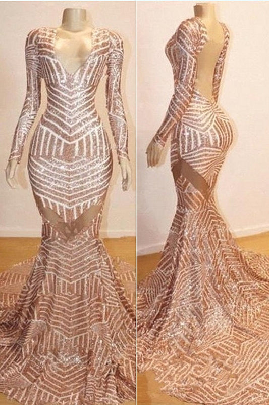  Mermaid Long Sleeves V-neck Sequined Sweep Train Prom Dresses - Prom Dresses - DYAVOR® 
