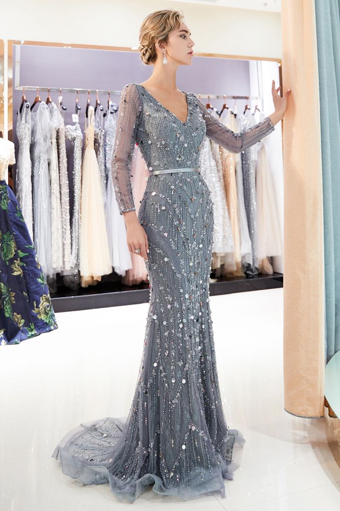  Mermaid Long Sleeves V-neck Sequins Evening Gowns with Sash - Prom Dresses - DYAVOR® 