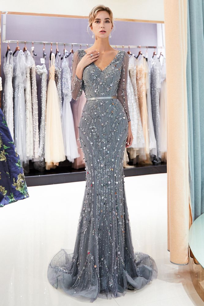  Mermaid Long Sleeves V-neck Sequins Evening Gowns with Sash - Prom Dresses - DYAVOR® 