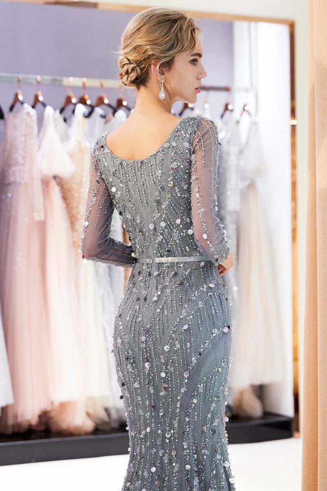  Mermaid Long Sleeves V-neck Sequins Evening Gowns with Sash - Prom Dresses - DYAVOR® 
