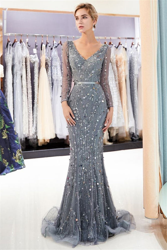  Mermaid Long Sleeves V-neck Sequins Evening Gowns with Sash - Prom Dresses - DYAVOR® 