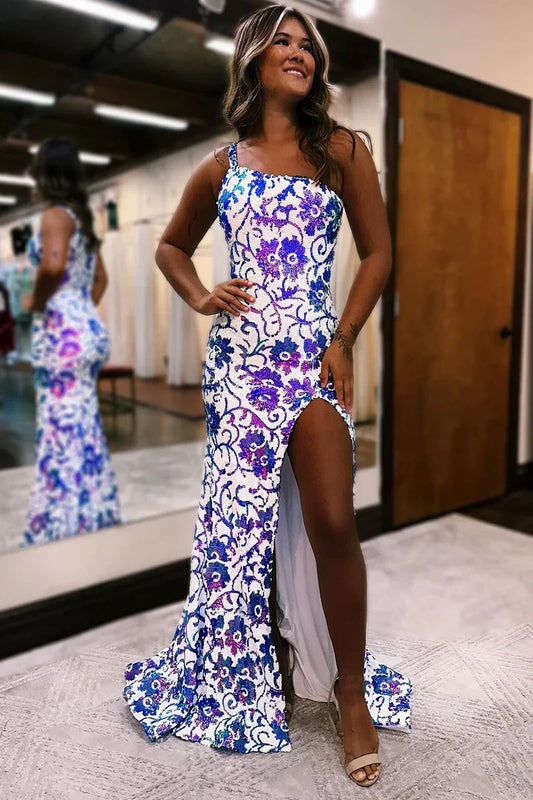  Mermaid One Shoulder Sequin Appliques Long Prom Dresses with Slit - Prom Dress - DYAVOR® 