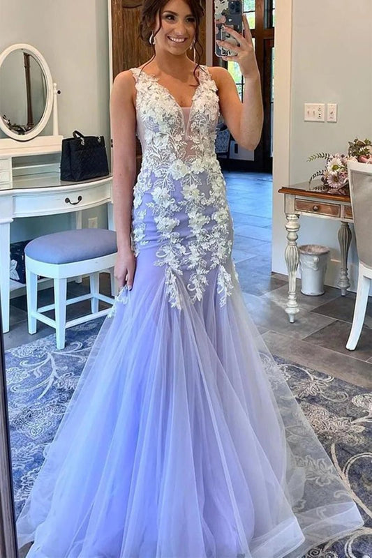  Kelsey | Mermaid Prom Dresses Floral Dress Formal Sweep Train Sleeveless V Neck Tulle with Ruffles Appliques - Prom Dress - DYAVOR® 