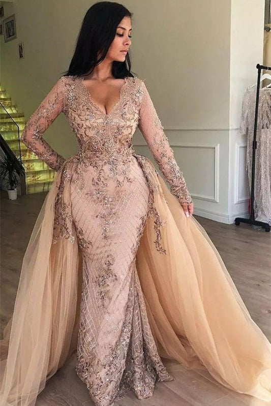 Mermaid V-neck Long Sleeves Appliqued Prom Dresses with Detachable Skirt