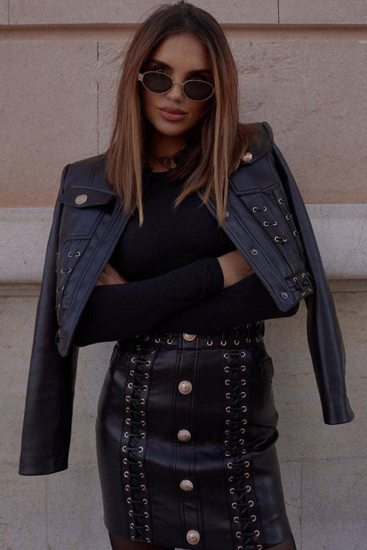  Military Eyelash Detailed Crop Vegan Leather Jacket Two Piece Mini Dress - Black - Two Piece - DYAVOR® 