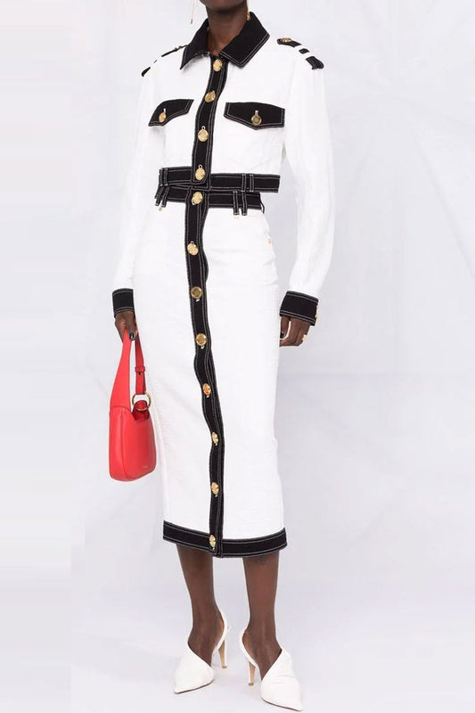  Military Metal Button Contrast Denim Jacket Midi Skirt Two Piece Dress - White - Two Piece - DYAVOR® 