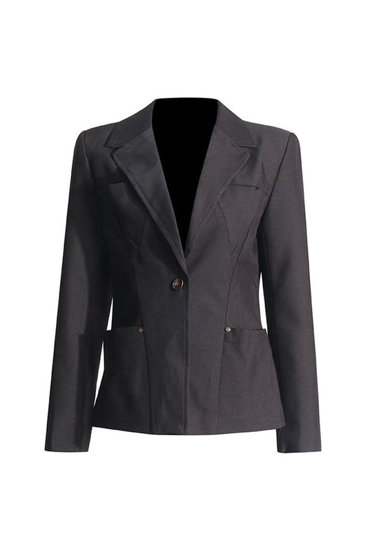  Minimalist Lapel Collar Padded Long Sleeve One Button Cinch Waist Blazer - Blazers - DYAVOR® 