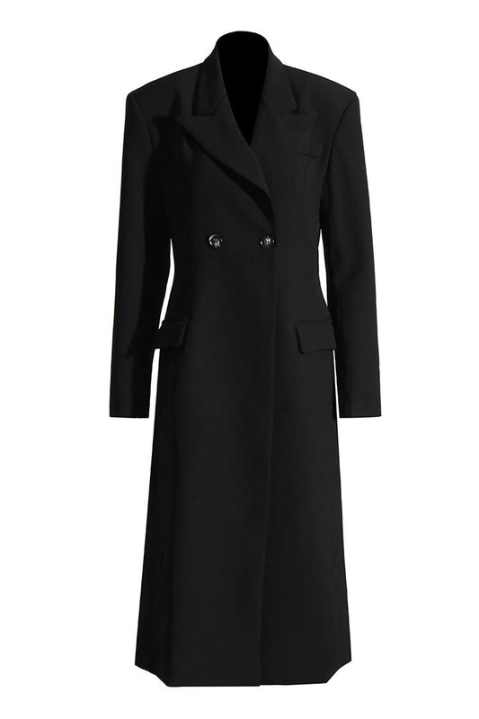  Minimalist Lapel Shoulder Pad Cinch Waist Double Breasted Long Blazer - Blazers - DYAVOR® 
