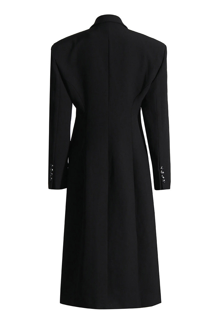  Minimalist Lapel Shoulder Pad Cinch Waist Double Breasted Long Blazer - Blazers - DYAVOR® 