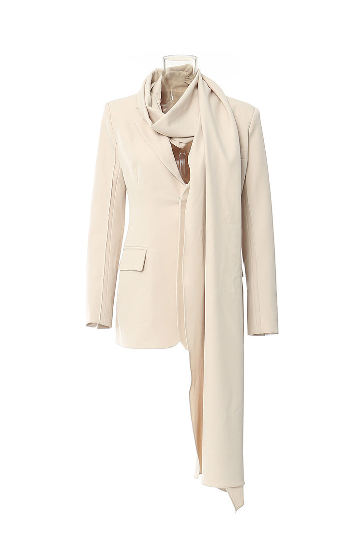  Minimalist Notched Lapel Long Sleeve Cinched Waist Scarf Blazer - Blazers - DYAVOR® 