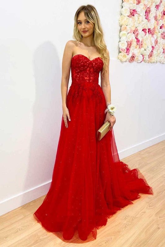  Red Strapless A-Line Long Prom Dress with Appliques - Prom Dress - DYAVOR® 