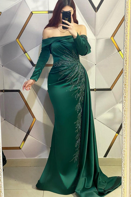  Modern Long Dark Green Mermaid Off-the-shoulder Lace Prom Dress With Long Sleeves - Prom Dresses - DYAVOR® 