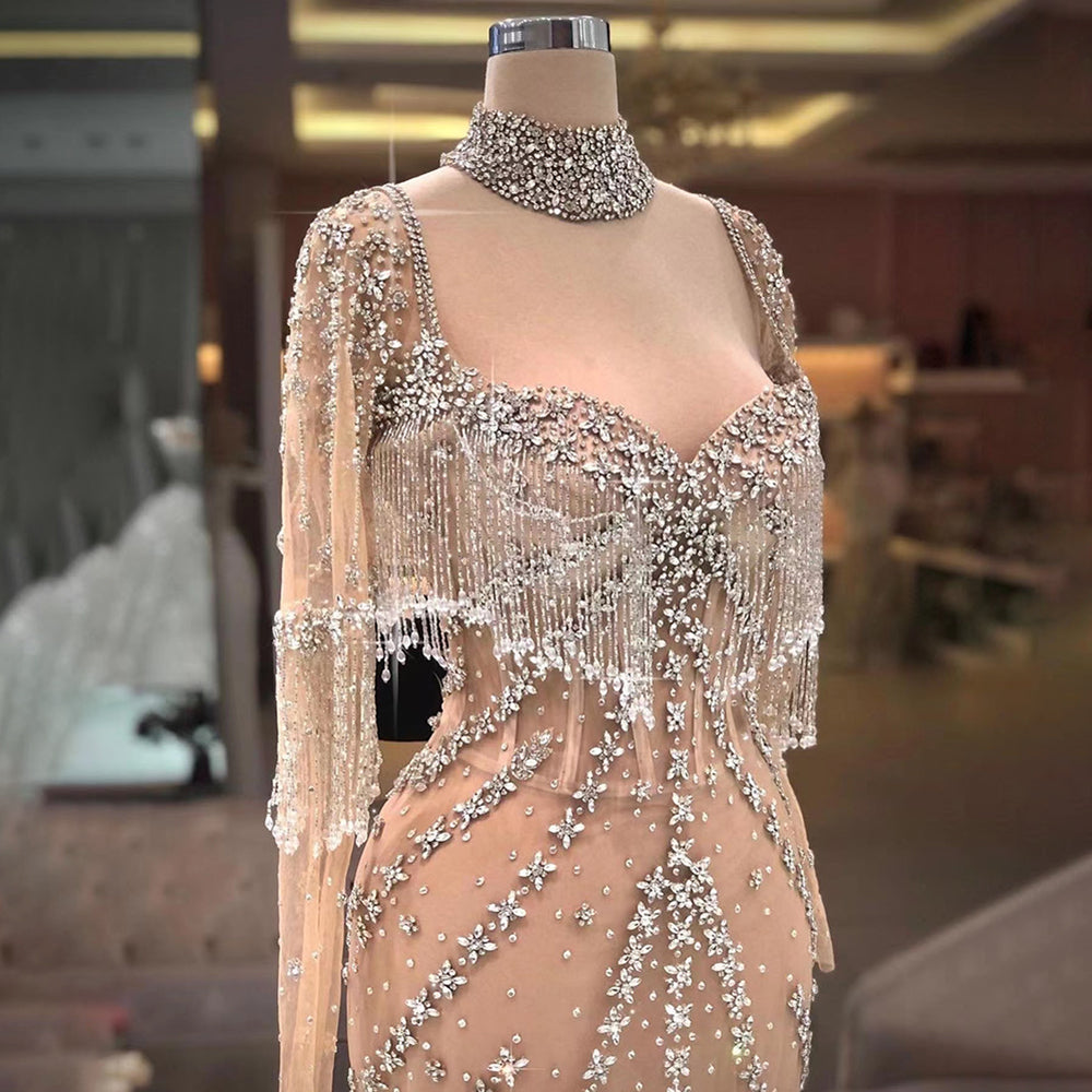  Modern Long Mermaid Beading Long Sleeves Prom Dress With Train - Prom Dresses - DYAVOR® 