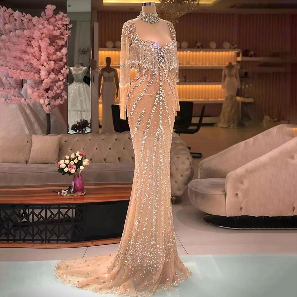  Modern Long Mermaid Beading Long Sleeves Prom Dress With Train - Prom Dresses - DYAVOR® 