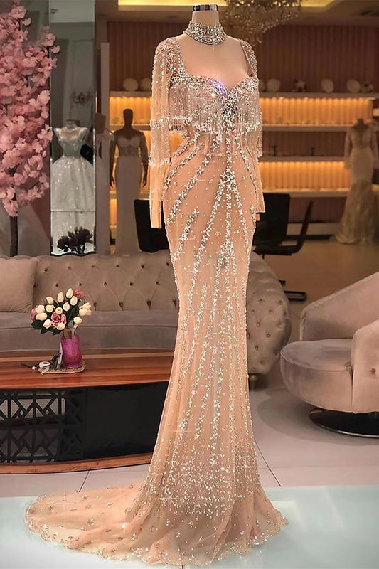  Modern Long Mermaid Beading Long Sleeves Prom Dress With Train - Prom Dresses - DYAVOR® 