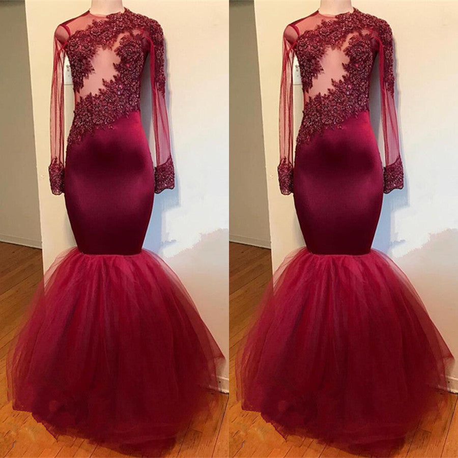  Modest Lace Appliques Long Sleeve Mermaid Prom Dress - Prom Dresses - DYAVOR® 