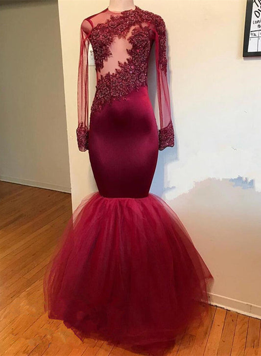  Modest Lace Appliques Long Sleeve Mermaid Prom Dress - Prom Dresses - DYAVOR® 