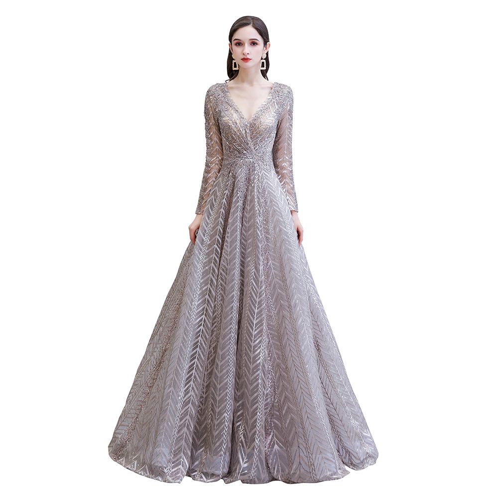 Modest Long Sleeves V-Neck Princess Prom Dress Sequined Aline Party Gown - Prom Dresses - DYAVOR® 