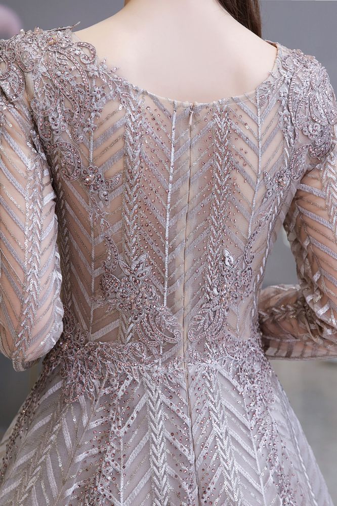  Modest Long Sleeves V-Neck Princess Prom Dress Sequined Aline Party Gown - Prom Dresses - DYAVOR® 
