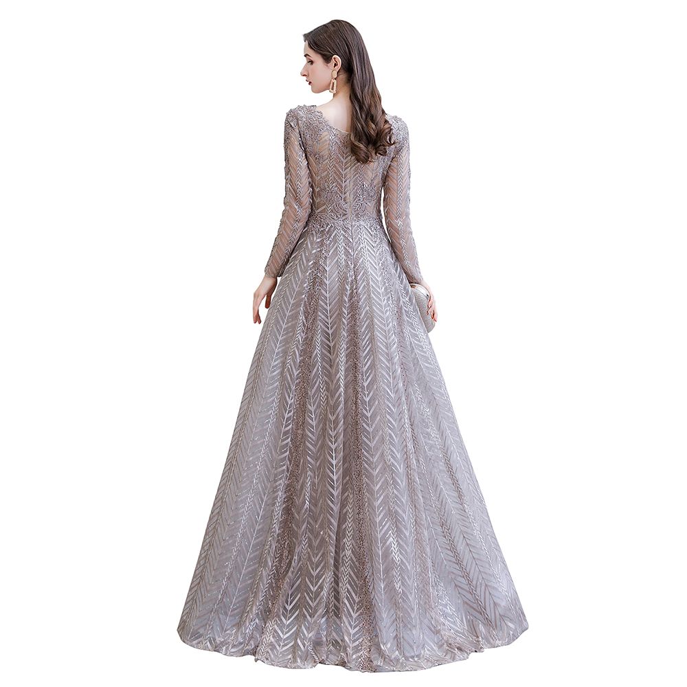  Modest Long Sleeves V-Neck Princess Prom Dress Sequined Aline Party Gown - Prom Dresses - DYAVOR® 