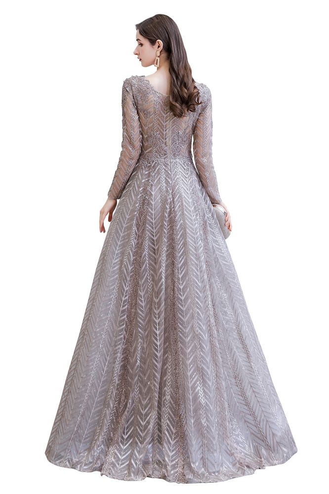  Modest Long Sleeves V-Neck Princess Prom Dress Sequined Aline Party Gown - Prom Dresses - DYAVOR® 