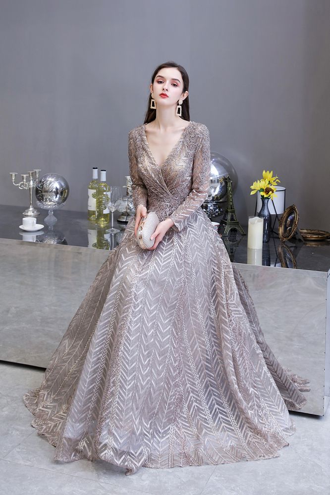  Modest Long Sleeves V-Neck Princess Prom Dress Sequined Aline Party Gown - Prom Dresses - DYAVOR® 
