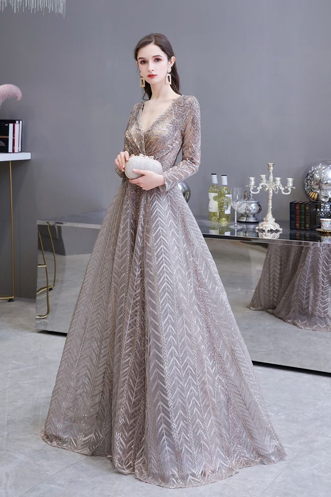  Modest Long Sleeves V-Neck Princess Prom Dress Sequined Aline Party Gown - Prom Dresses - DYAVOR® 