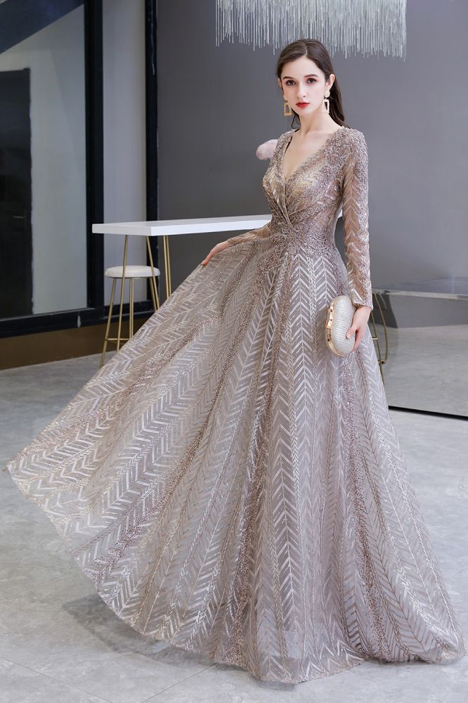  Modest Long Sleeves V-Neck Princess Prom Dress Sequined Aline Party Gown - Prom Dresses - DYAVOR® 
