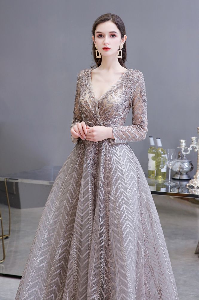  Modest Long Sleeves V-Neck Princess Prom Dress Sequined Aline Party Gown - Prom Dresses - DYAVOR® 