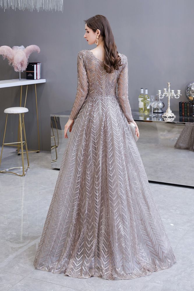  Modest Long Sleeves V-Neck Princess Prom Dress Sequined Aline Party Gown - Prom Dresses - DYAVOR® 