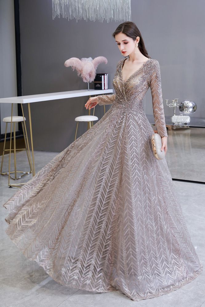  Modest Long Sleeves V-Neck Princess Prom Dress Sequined Aline Party Gown - Prom Dresses - DYAVOR® 