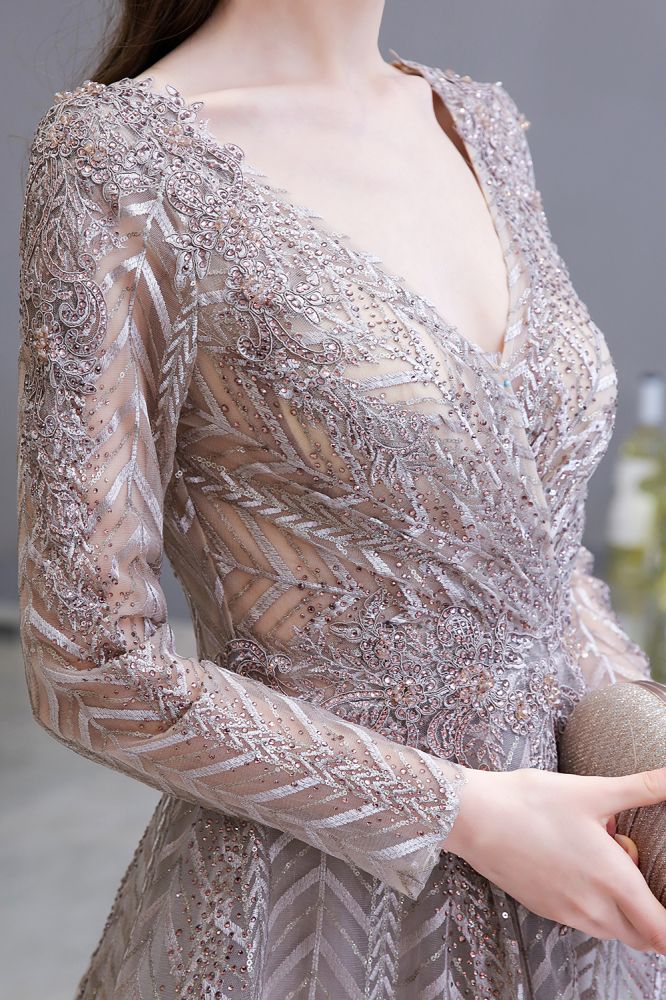  Modest Long Sleeves V-Neck Princess Prom Dress Sequined Aline Party Gown - Prom Dresses - DYAVOR® 