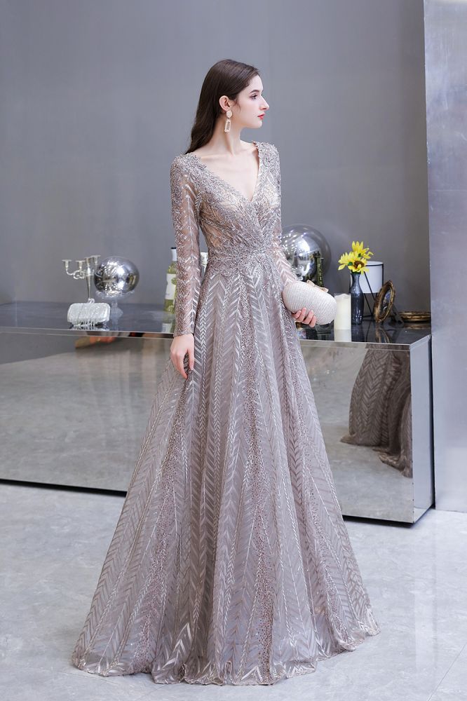  Modest Long Sleeves V-Neck Princess Prom Dress Sequined Aline Party Gown - Prom Dresses - DYAVOR® 