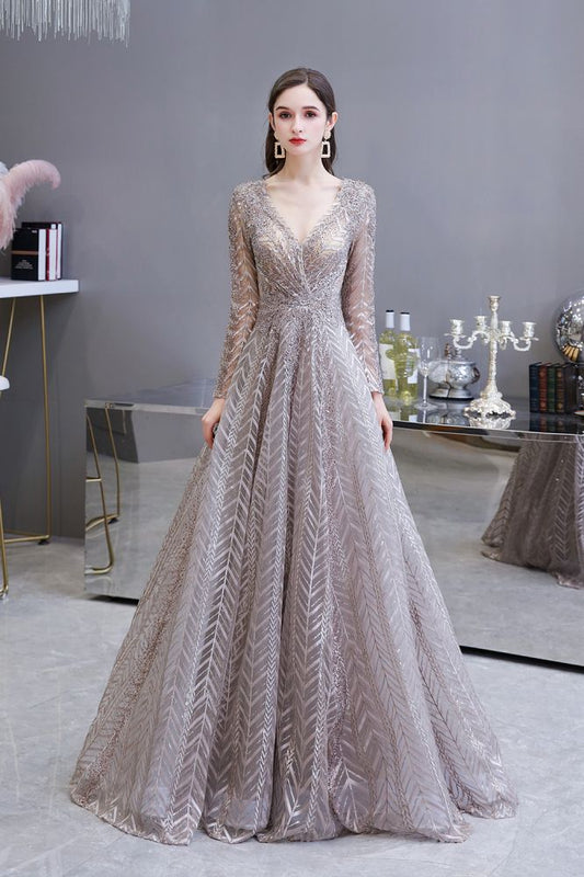  Modest Long Sleeves V-Neck Princess Prom Dress Sequined Aline Party Gown - Prom Dresses - DYAVOR® 