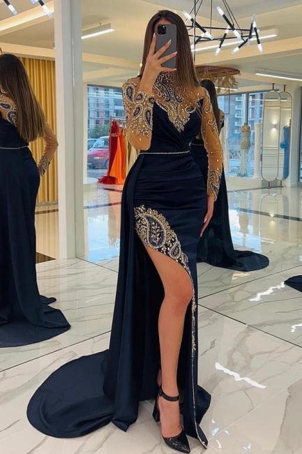  Navy Blue Long Glitter Evening Dresses Prom Dresses With Sleeves - Prom Dresses - DYAVOR® 