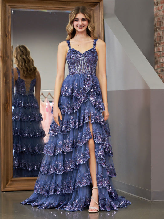  Grey Blue Princess A Line Off the Shoulder Corset Prom Dress with Lace Ruffles - Prom Dress - DYAVOR® 