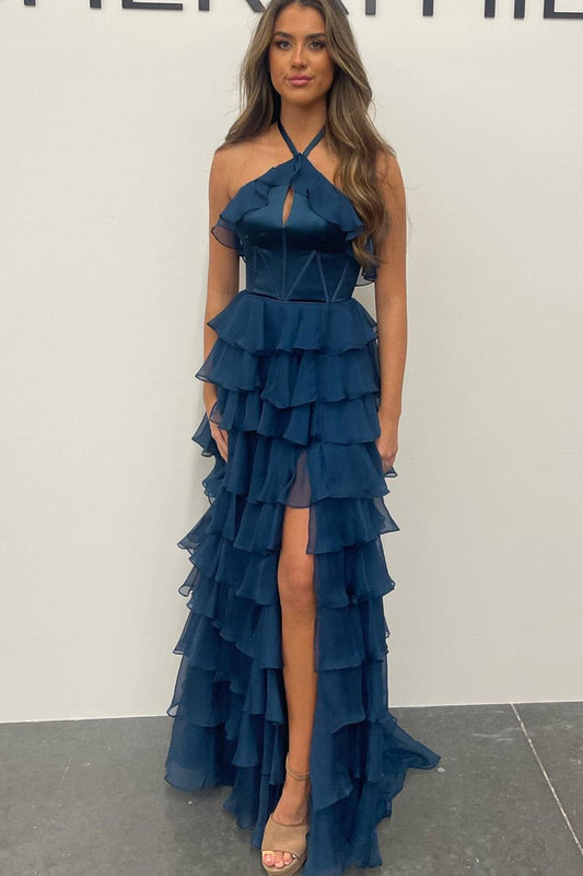  Halter Keyhole Ruffle Tiered Prom Dress with Slit - Prom Dress - DYAVOR® 