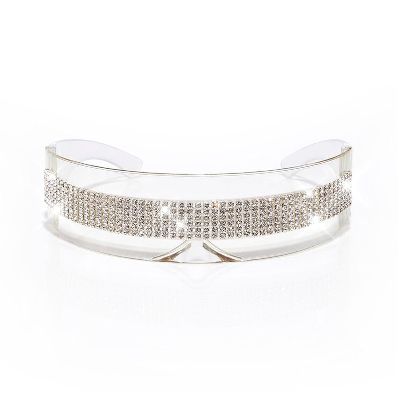  Women's One Piece Fashion Silver Mirror Rhinestone Sunglasses - Women Sunglasses - DYAVOR® 
