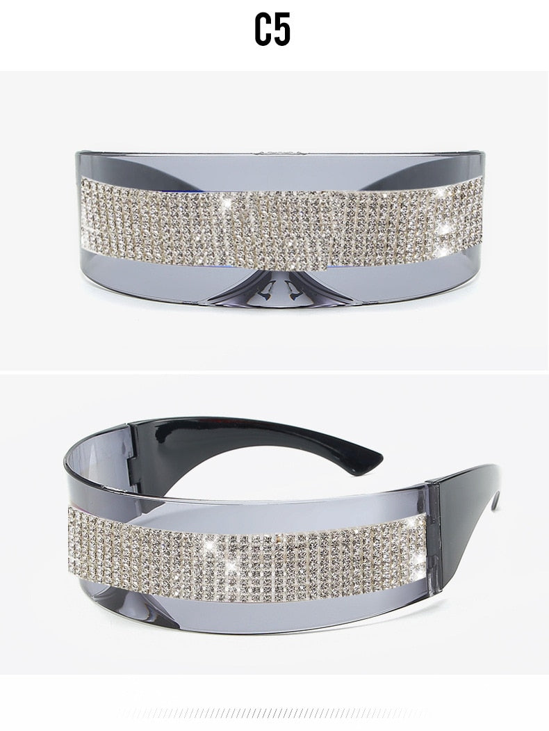  Women's One Piece Fashion Silver Mirror Rhinestone Sunglasses - Women Sunglasses - DYAVOR® 